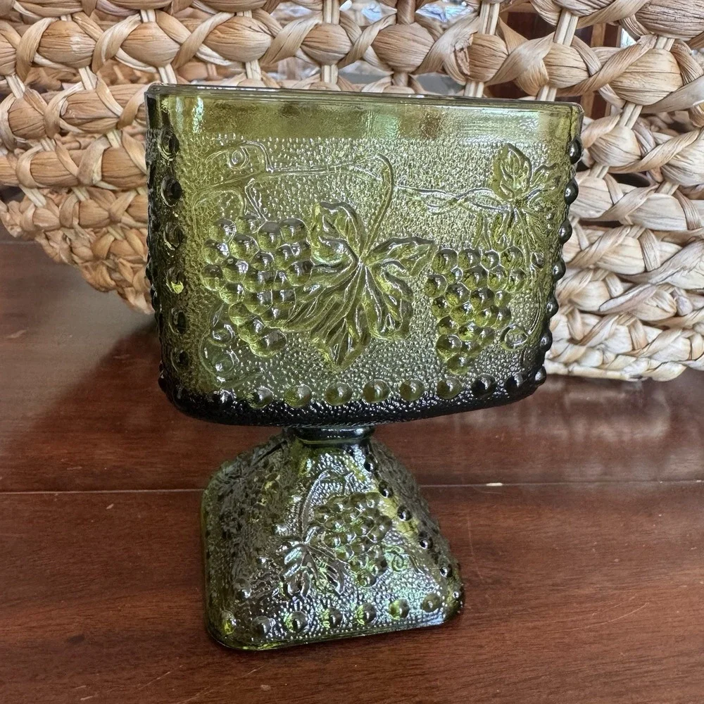 Vintage Indiana Glass Green Square Candy Dish Footed Pedestal Grape Vine